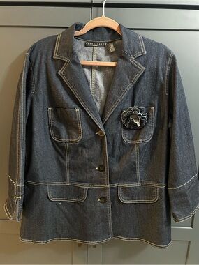Apostrophe Dark Blue Denim Blazer with Floral Pin